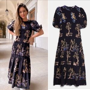 ZARA Black Midi Smocked Embroidered Dress, Small